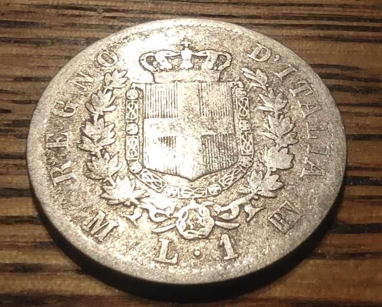 Moneta srebrna Włochy 1 lir 1863 typ M srebro ag