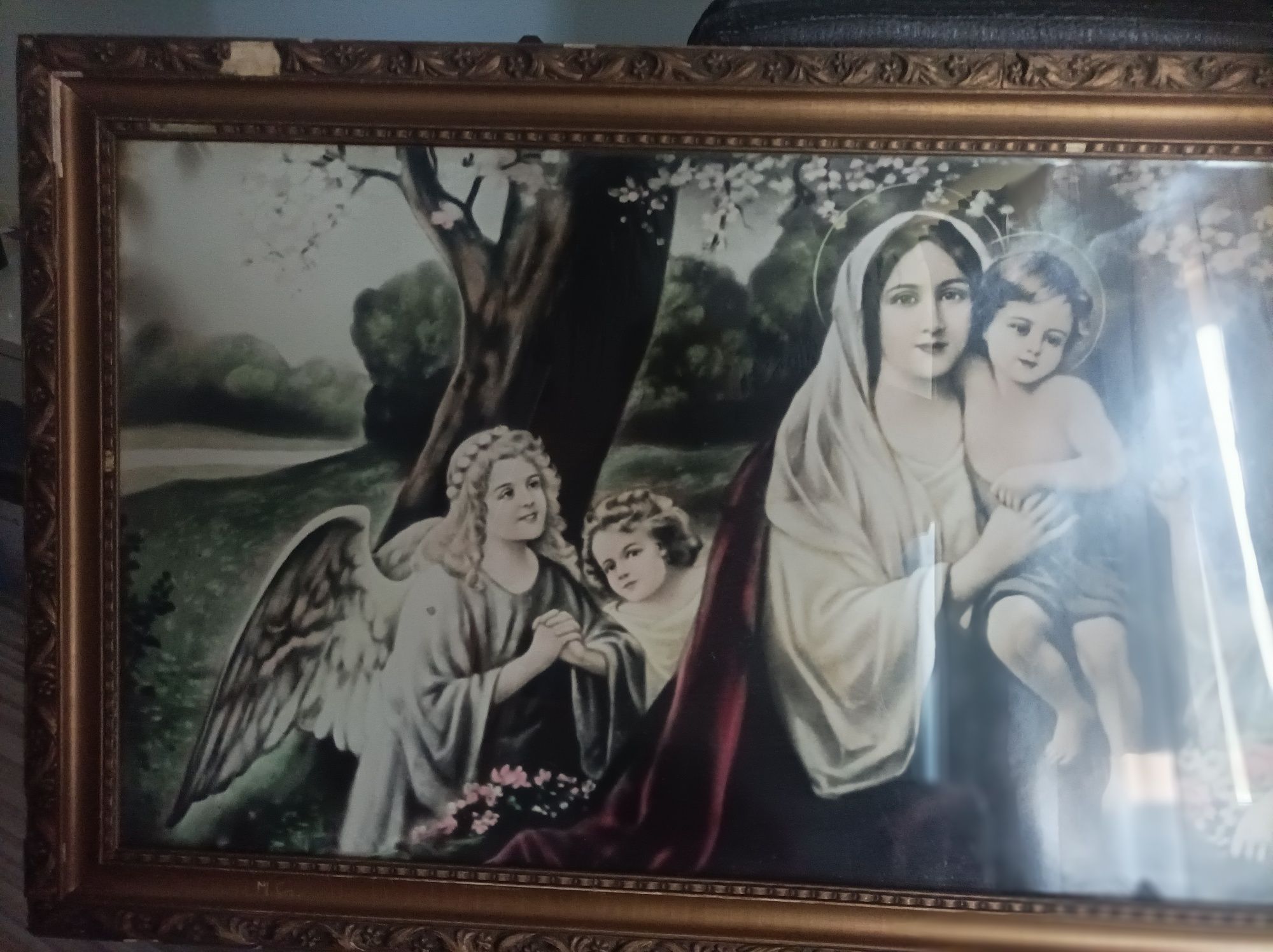 Stary duży Obraz Maryja z Dzieciątkiem w otoczeniu Aniołów