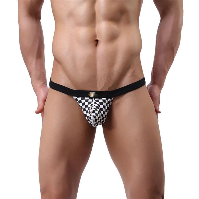 Męskie skąpe slipy tanga w kratę wzór szachownicy Push UP - XL
