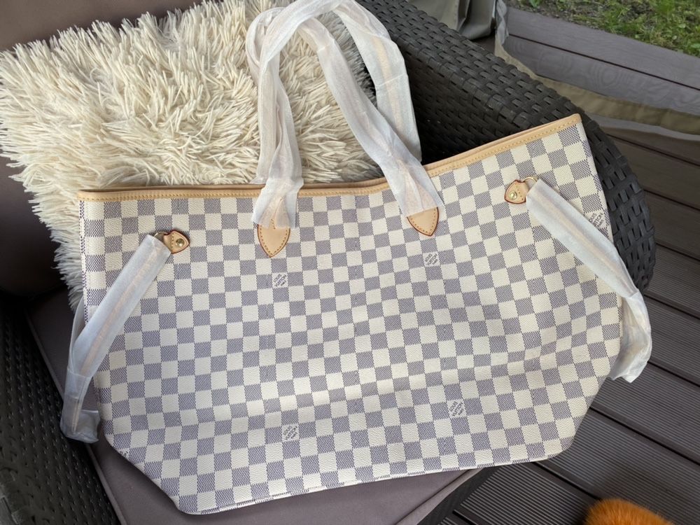 Torebka damska LV Louis Vuitton neverfull damier azur MM skóra róż