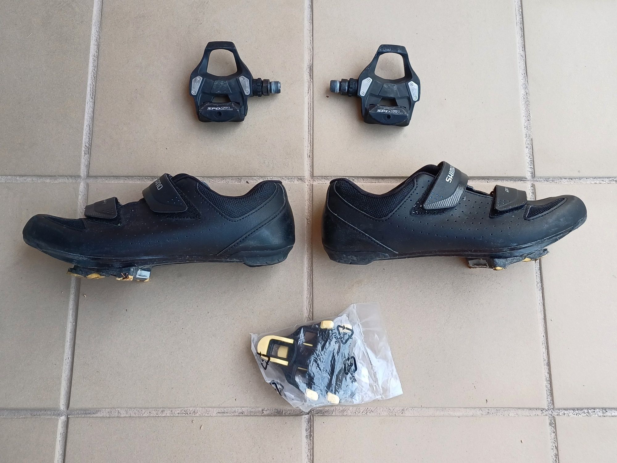 Sapatos + pedais + travessas, estrada, shimano