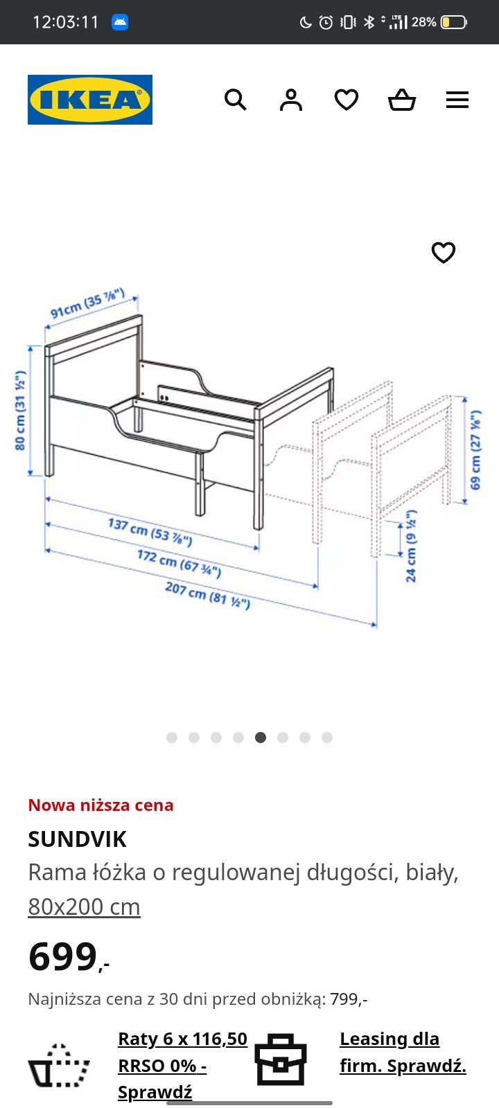 Rama łóżka o regulowanej długości IKEA SUNDVIK