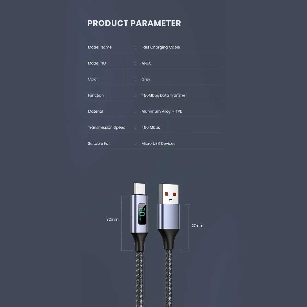 TOPK MicroUSB: Kabel z LCD Szybkie Ładowanie 3A QC i Przewód 1m Szary!