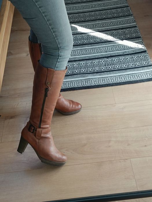 Skórzane kozaki brązowe na grubym obcasie słupku Lasocki 38 skóra