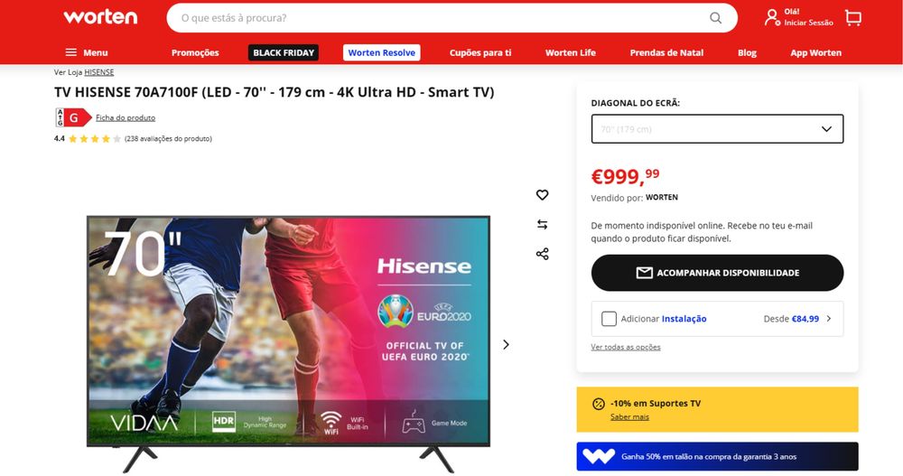 TV Hisense 70A7100F – 70” 4K UHD – Excelente estado