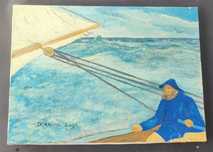 Marinheiro solitário em barco - Pintura a óleo sobre tela - Quadro