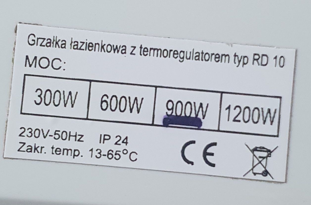 Grzałka łazienkowa elektryczna z termoregulatorem 900W