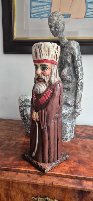 Drewniana rzeźba ludowa "Żyd z laską" antyk schowek na butelke boho