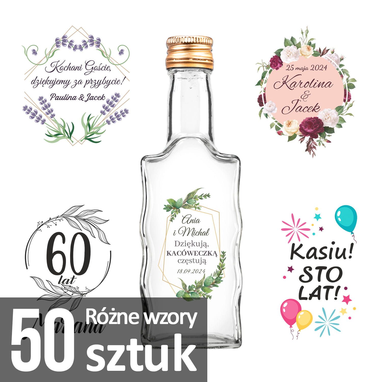 50x butelka FALA 200 ml z nadrukiem na nalewki wesele + zakrętki