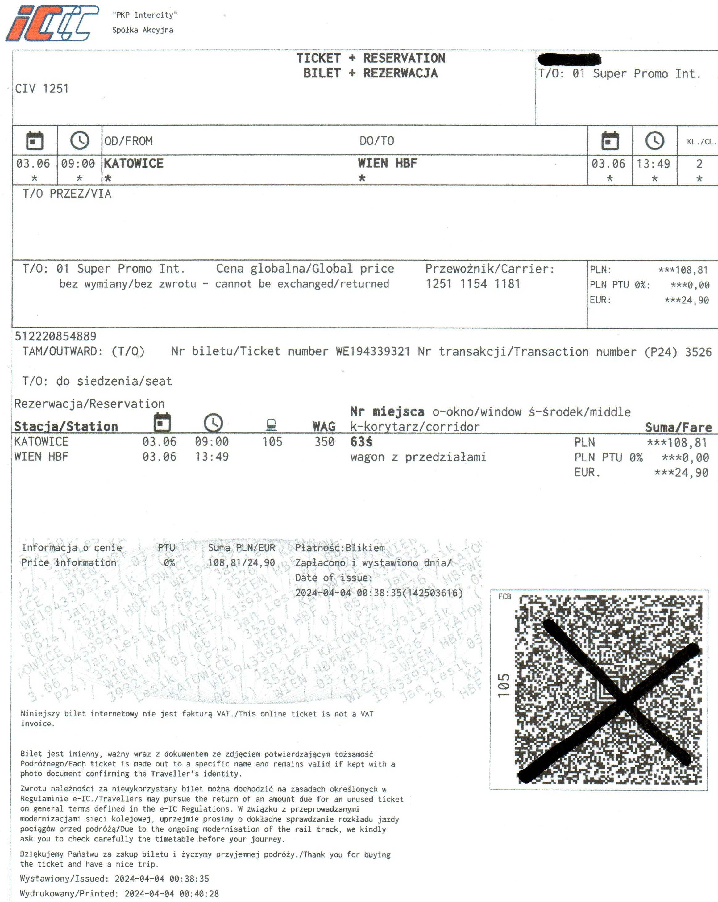 Odstąpię 4 bilety PKP Intercity Katowice Wiedeń 3.06.2024