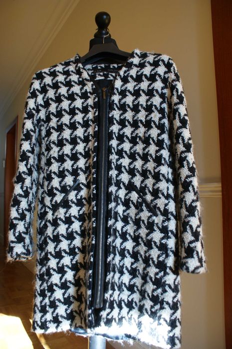 Damski płaszcz wełniany w pepitkę XS 34 Zara czarno-biały