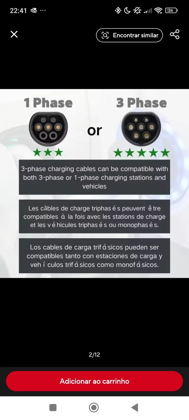 Cabo tipo2 para carros elétricos, 22kw. NOVO