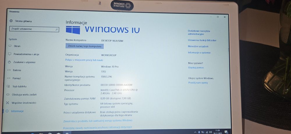 Acer asprive v13 i-3 6tej gen, 8gb ram, 1tb dysk, nie laduje