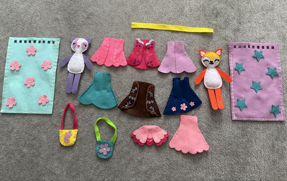 Фетровые игрушки панда и лисичка с набором одежды hand made