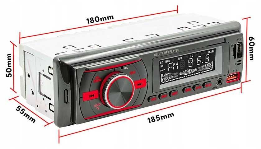 Radio Samochodowe Bluetooth 1-DIN USB AUX SD Mikrofon Pilot Bater RGB