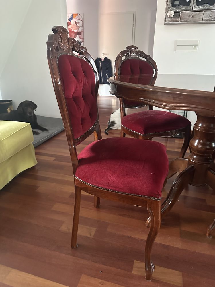 Okrągły intarsjowany stół 120 cm plus 4 krzesła