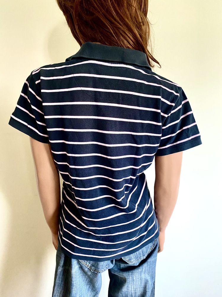 Polo tshirt granatowy w różowo-biały pasy r.16