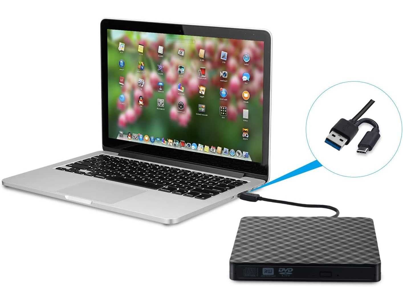 Zewnętrzny napęd DVD ROM CD +/-RW USB 3.0/typ C odtwarzacz/nagrywarka