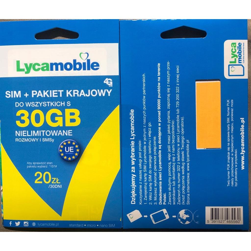 LycaMobile PL Starter SIM Card PrePaid 30 GB Pakiet S