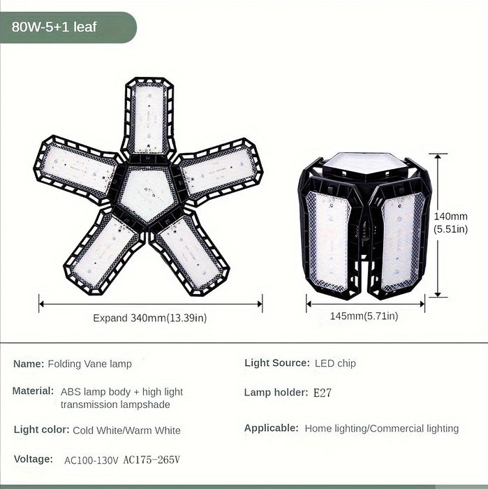 Lampa żarówka E27 LED 80W rozkładana 5 ramienna sufitowa warsztatowa