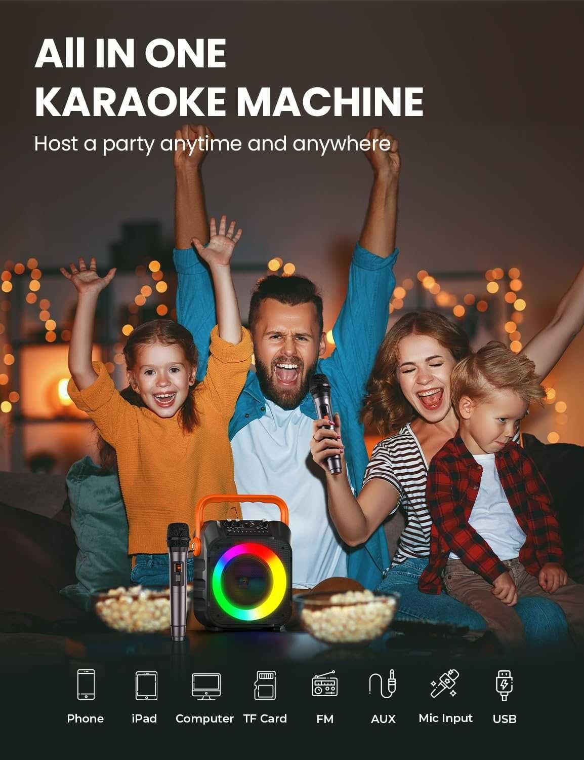 Karaoke 2 bezprzewodowe mikrofony głośnik Bluetooth TF/USB FM Rec AUX