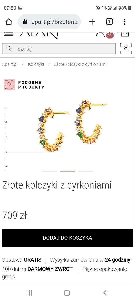 Złote kolczyki z cyrkoniami. Apart.