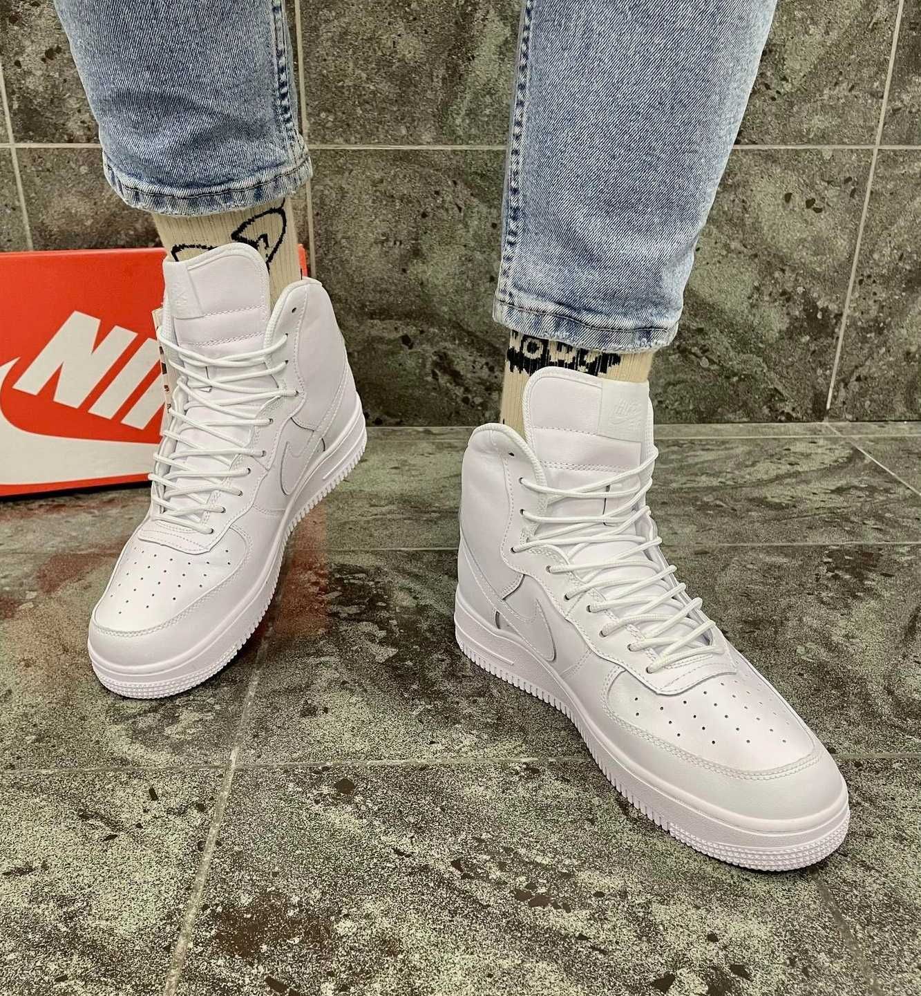 Кроссовки Мужские Найк Air Force белые высокие Nike натуральная кожа