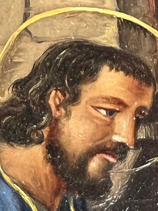 Piękny stary obraz -Swięta Rodzina , olej na blasze, złota rama, XIXw.