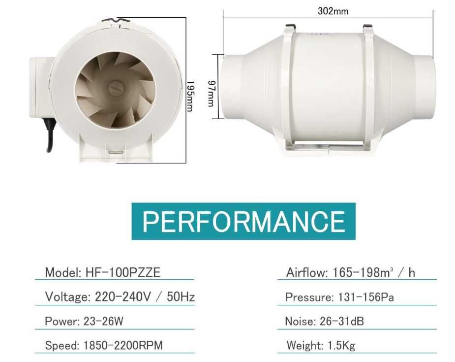 Wentylator kanałowy 100mm z panelem kontroli prędkości HG Power