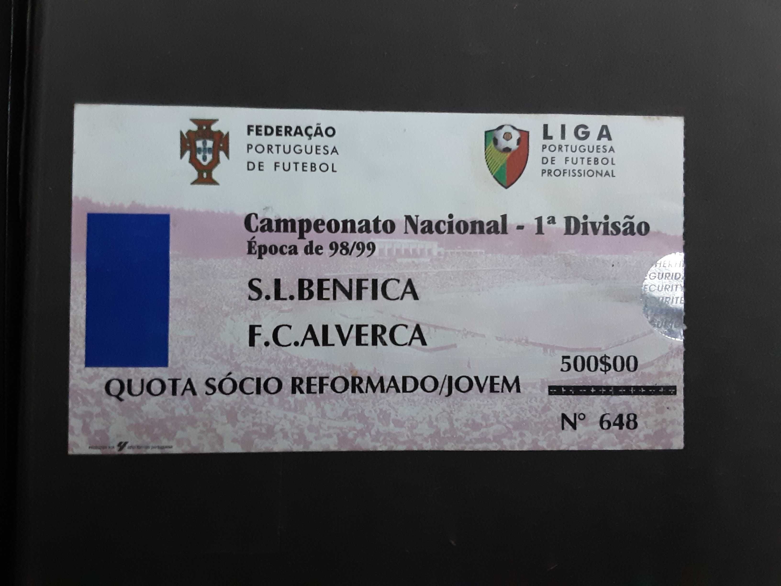 Bilhete S.L. BENFICA vs. Alverca - Época 98/99 - 1a Divisão