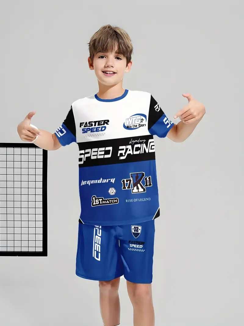 Niebiesko-biała koszulka z grafiką i nadrukiem "Faster Racing",