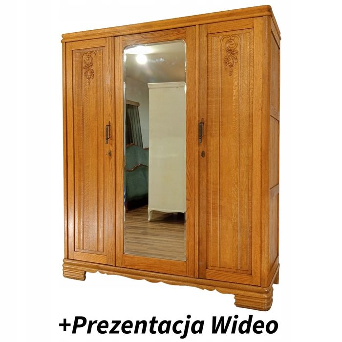 Stylowa szafa garderoba art deco vintage z lustrem drewniana dębowa