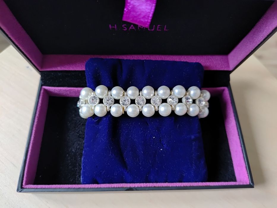 Podwójna bransoletka z pereł i cyrkoni ślubna balowa piękna elegancka