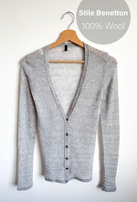 Szary kardigan cienki 100% wełna miękki delikatny puszysty sweterek S