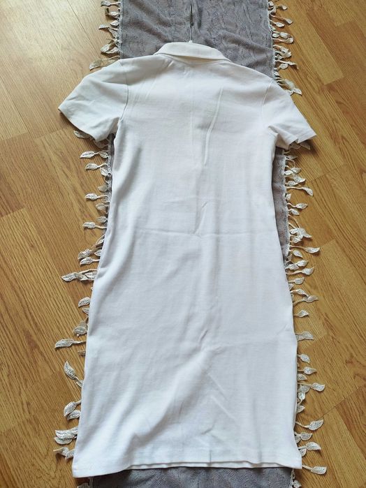 M - Biała Sukienka Polo Prążek Krótki Rękaw Kołnierzyk Przylegająca