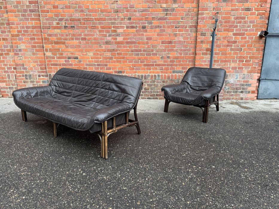 Brutalistyczna skórzana sofa z fotelem,rattanowy stelaż,lata70.vintage