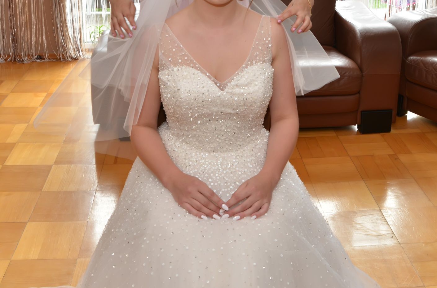 Mari Lee, tiulowa suknia ślubna - ivory USA r. 38, zdobiona