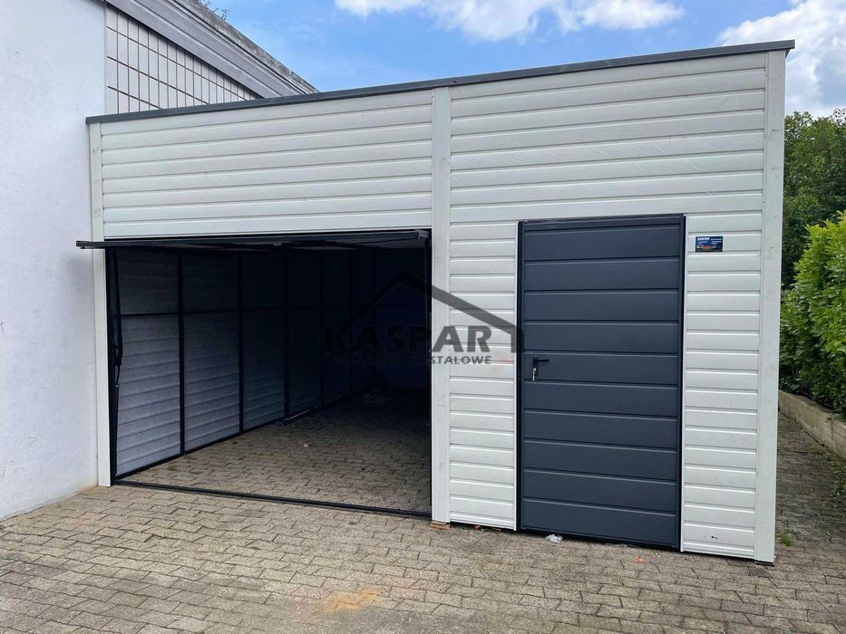 Garaż blaszany 5x6 Brama uchylna + drzwi biały spad w tył  GP120