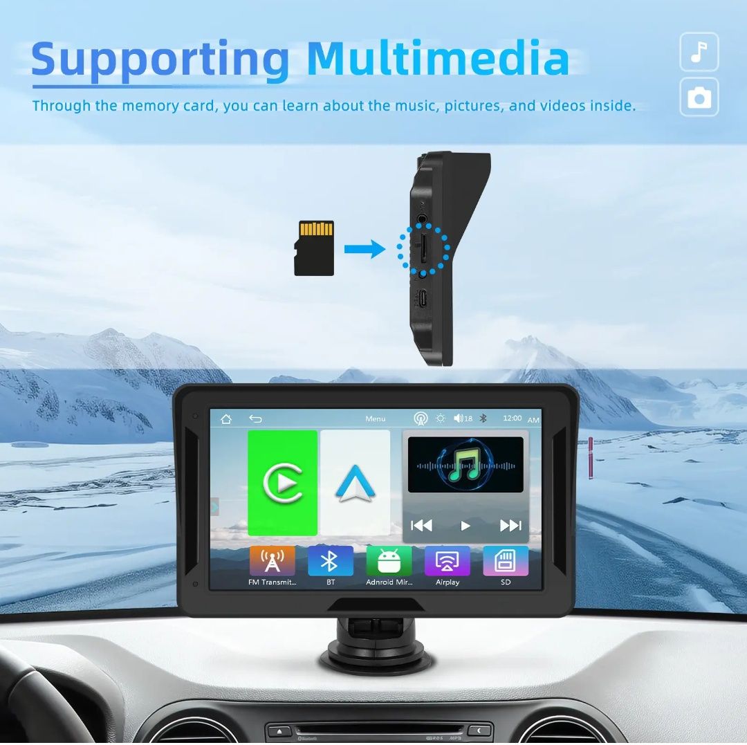 Monitor portátil Carplay e Android Auto wireless 7 polegadas FM BT