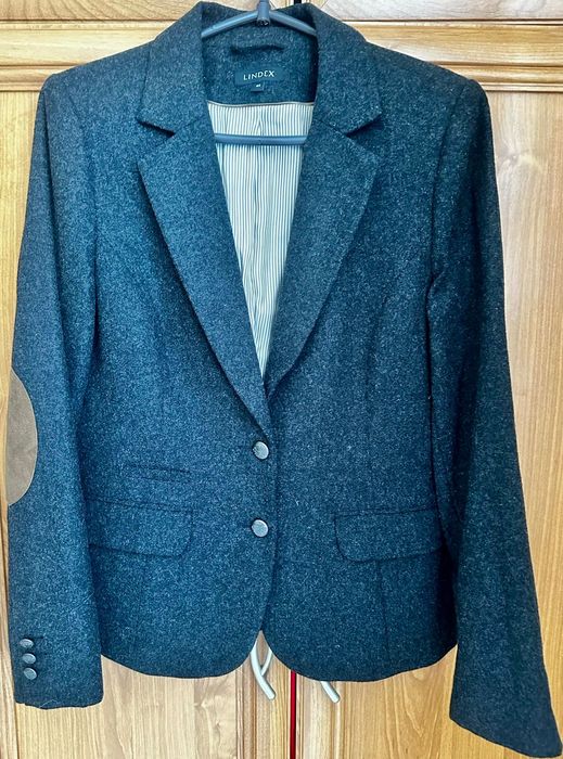 Elegancko klasyczna damska marynarka LINDEX 40 L szara guziki łaty