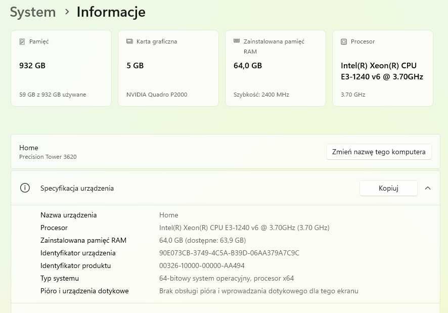 Dell Precision 3620–Xeon, 64 GB RAM, Quadro P2000, Windows 11,SDD 1TB