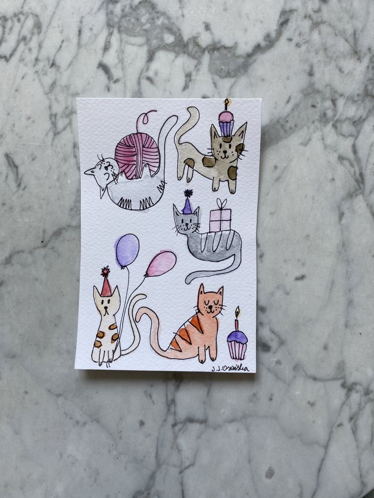 Kartka okolicznościowa koty kot urodziny balony muffina tort akwarele