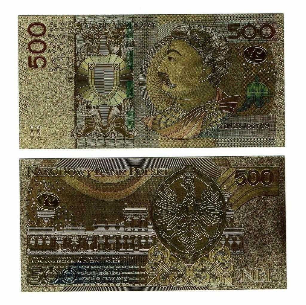 Pozłacany banknot 500 złotych Sobieski