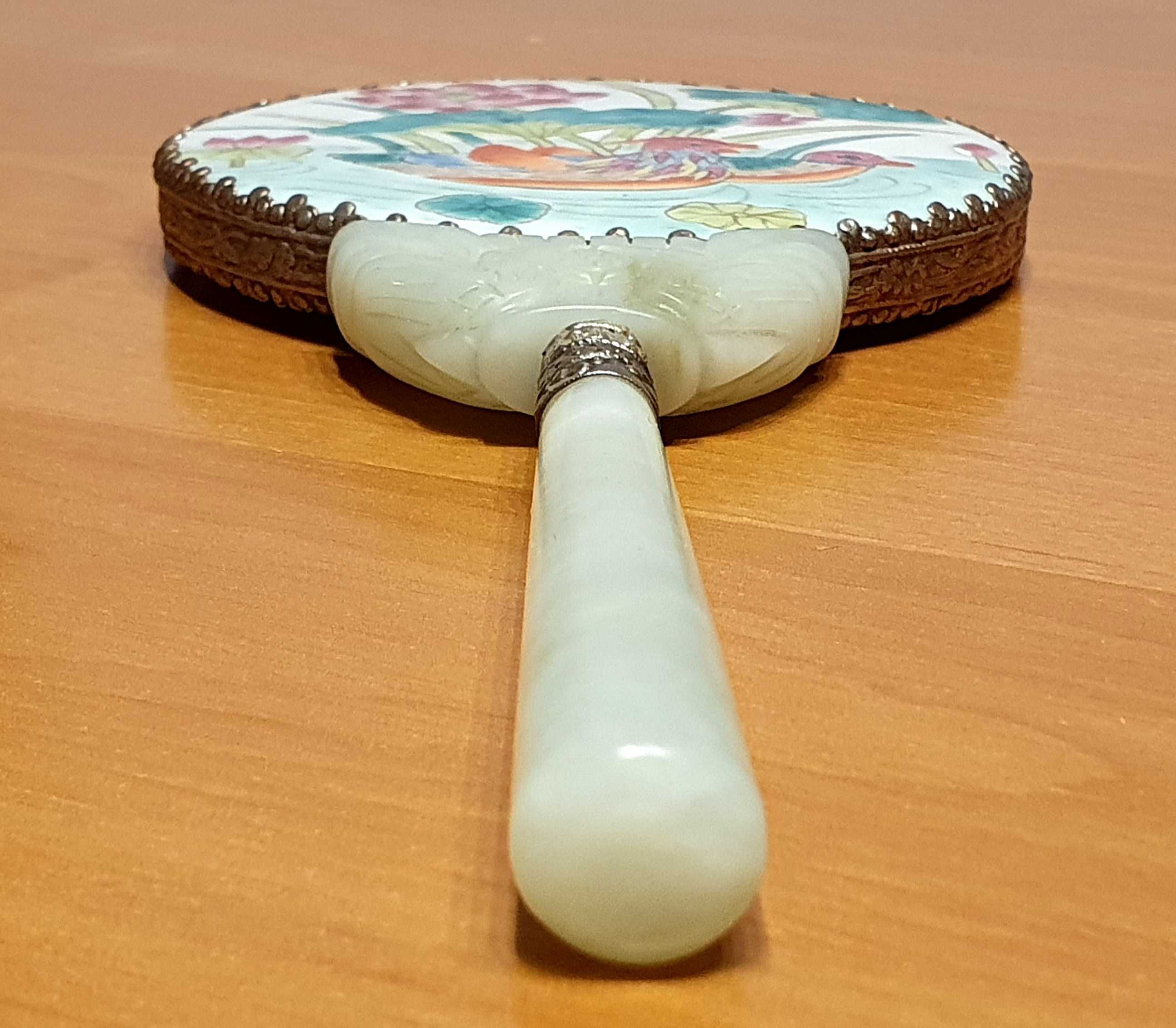 Oryginalne, stare chińskie lustro. Jadeit i porcelana. Hand made.