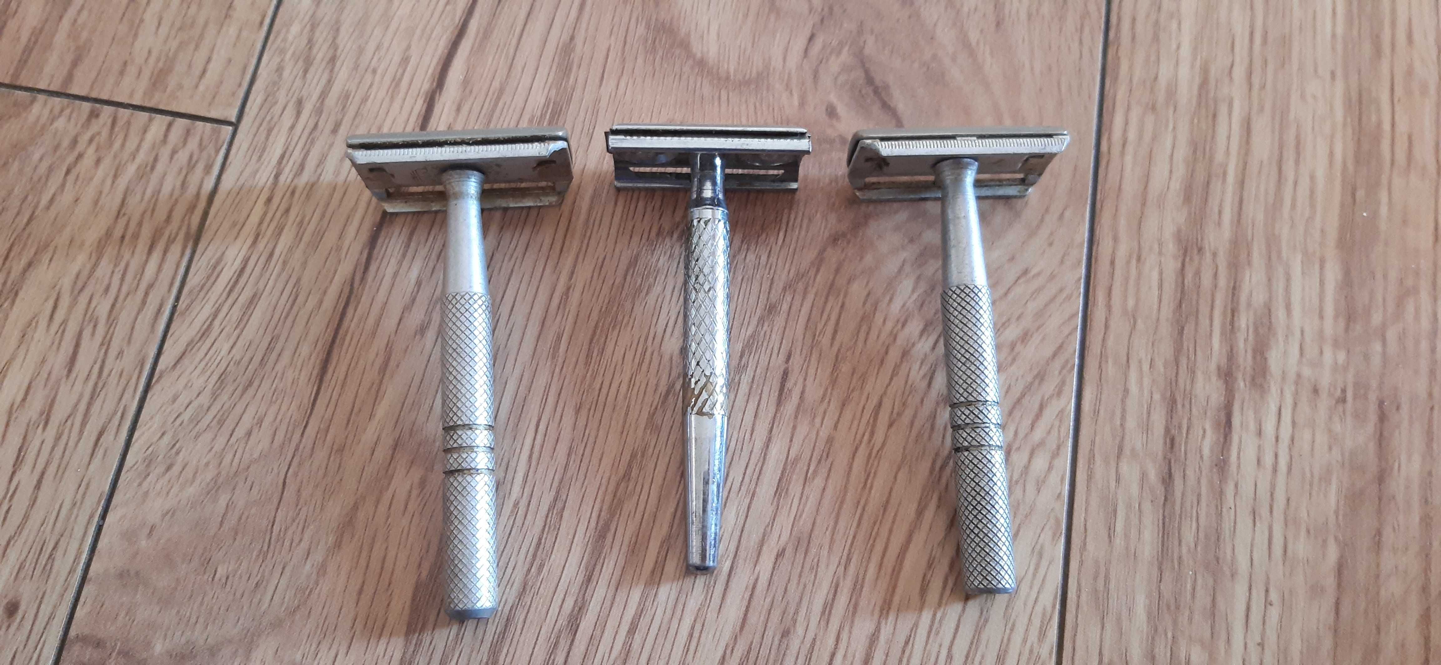 trzy metalowe golarki prl na żyletki