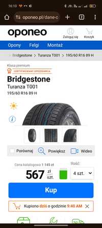 Sprzedam nowe nieużywane opony 195 60 R16 Bridgestone letnie