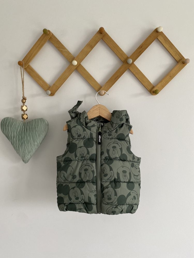 Bezrękawnik h&m 68 myszka miki pikowany zielony uszy kaptur