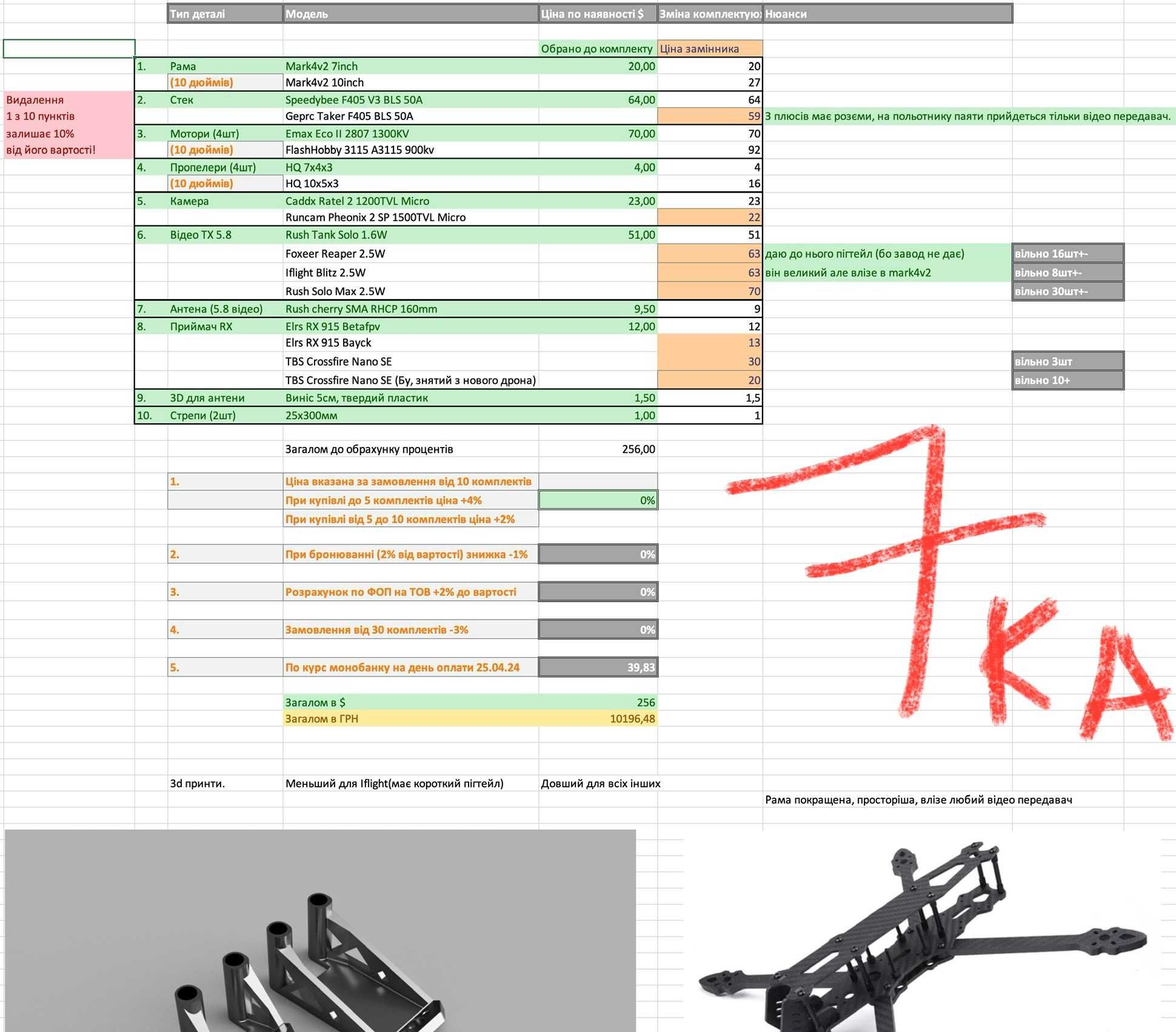 Комплект для збірки fpv mark4 v2 10дюймів дрона камікадзе, rush, elrs