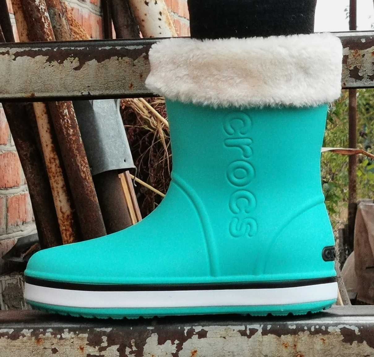 Женские Резиновые Полусапожки CROCS Сапоги Кроксы Теплые Зимние Бирюзо