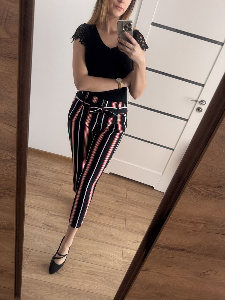 River Island spodnie gumka paski lato kokarda S M